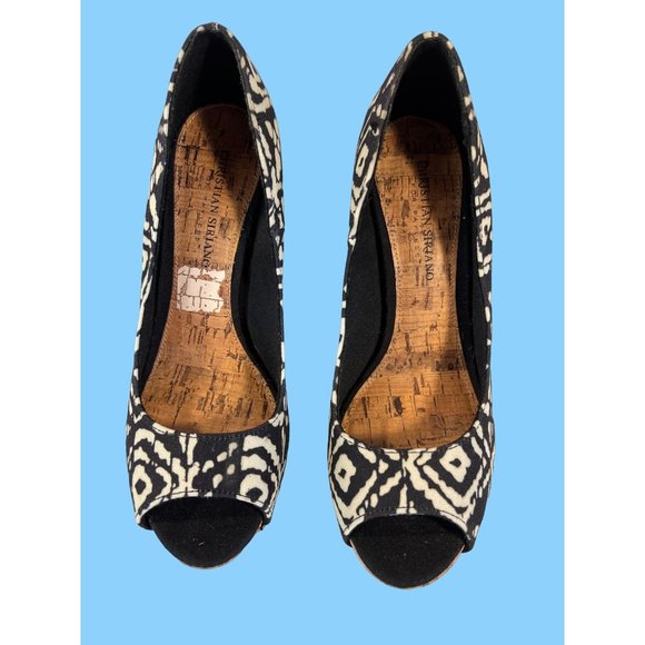Christian Siriano Womens Size 8.5 Black and Cream Print, Cork Heels, Peep Toe - Picture 4 of 14